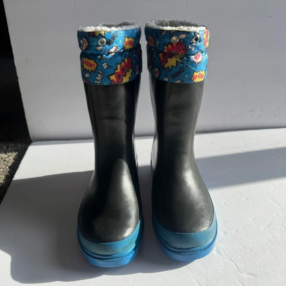 Lily & Dan Kids Comic Book Print Faux Shearling Lined Rain Boots Black Blue 13/1